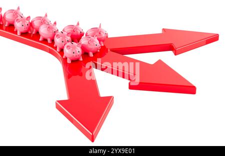 Tirelires debout devant des flèches rouges pointant dans différentes directions. Stratégie d'investissement, décisions financières, concept. Rendu 3D isolé activé Banque D'Images