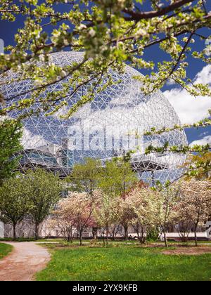 La biosphère de Montréal et les arbres fruitiers fleuris paysage de jour printanier, île Sainte-Hélène, Montréal, Québec, Canada. Biosphère de Montréal, ville de Banque D'Images