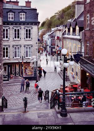 Le pub des Borgia et d'autres boutiques et restaurants de rues historiques Rue du Petit Champlain et rue sous le fort du vieux Québec, vue de dessus. Banque D'Images