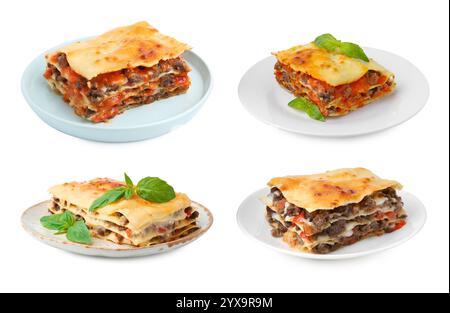 Morceaux de délicieuses lasagnes isolées sur blanc, ensemble Banque D'Images