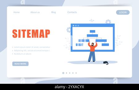 Concept Sitemap. Modèle de page d'arrivée. Navigation sur le site Web pour l'utilisateur. Stratégie de création de développeur féminin arabe. Flux de travail UX Designer. Vecteur Illustration de Vecteur