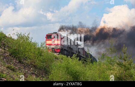 Un train de marchandises rouge se déplace le long d'un remblai contre le ciel, dégageant des panaches de fumée Banque D'Images