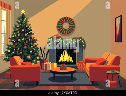Salon confortable avec un arbre de Noël, cheminée Illustration de Vecteur