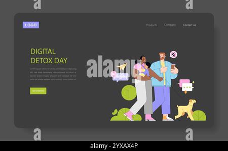 Concept Digital Detox Day. Une famille profitant du plein air, déconnectée des appareils. Embrasser la nature, le temps de qualité, et un animal de compagnie. Illustration vectorielle. Illustration de Vecteur