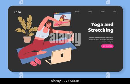 Concept d'entraînement à domicile. Une femme pratique le yoga et les étirements à la maison après un cours en ligne. Exercice, bien-être et mode de vie sain. Illustration vectorielle. Illustration de Vecteur