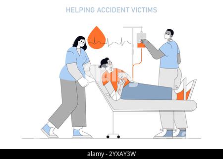 Concept de journée du donneur de sang. Les professionnels de la santé assistent un donneur souriant lors d’un don de sang. Soins vitaux pour les victimes d'accidents. Illustration vectorielle. Illustration de Vecteur