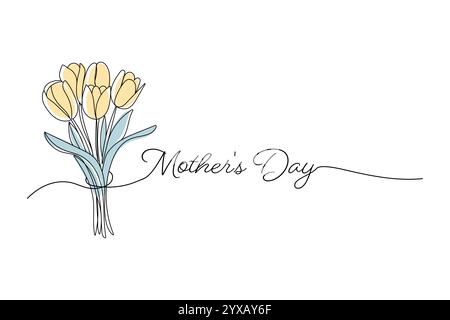 Fête des mères, fleurs de tulipes. Couleur, dessin au trait, une ligne continue et du texte. pour la conception de carte de voeux de bouquet, fleurs Illustration de Vecteur