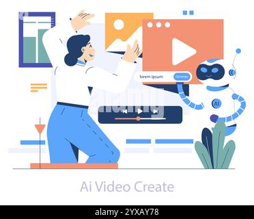 Concept de création vidéo AI. L'enthousiaste interagit avec le robot IA pour éditer et générer du contenu. Montage numérique, processus créatif et innovation technologique. Illustration vectorielle. Illustration de Vecteur