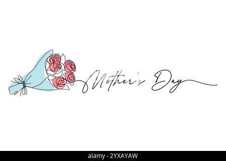 Fête des mères, bouquet de roses, colorisé. Une ligne continue et du texte. pour la conception de cartes de vœux Illustration de Vecteur