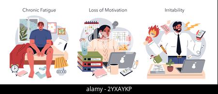 Mise en place des affiches dévorantes. Les employés présentent une fatigue chronique, une perte de motivation et de l'irritabilité en milieu de travail. Gestion du stress et sensibilisation à la santé mentale. Illustration vectorielle. Illustration de Vecteur