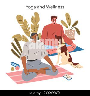 Concept Millennial Hobbies. Deux adultes pratiquant le yoga avec un chien ludique, entouré par des éléments de la maison paisible. Scène moderne de bien-être et de détente. Illustration vectorielle. Illustration de Vecteur