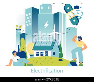 Concept d'électrification. Transition urbaine et résidentielle vers les énergies renouvelables, avec panneaux solaires et éoliennes. Illustration vectorielle. Illustration de Vecteur