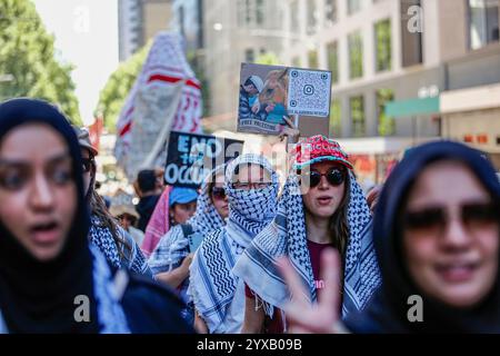 Melbourne, Australie. 15 décembre 2024. Les manifestants se rassemblent au CBD de Melbourne, réclamant justice pour les victimes de violence en Palestine pendant le rassemblement. Les manifestants brandissent des drapeaux palestiniens et brandissent des banderoles appelant à la fin du génocide et de l'agression sioniste, scandant en solidarité pour la libération et la justice palestiniennes. (Photo de Ye Myo Khant/SOPA images/Sipa USA) crédit : Sipa USA/Alamy Live News Banque D'Images