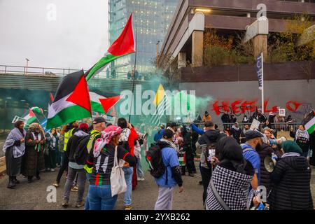 Birmingham, Royaume-Uni. 14 DEC, 2024. La foule pro Palestine a laissé des fusées éclairantes alors qu'ils marchaient du parc Handsworth au centre de Birmingham, le groupe, y compris ceux qui portaient des gommages dans le cadre de Healthworkers 4 Palestine, a chanté et allumé des fusées éclairantes. Des groupes de Liverpool et de Londres se sont joints. Crédit Milo Chandler/Alamy Live News Banque D'Images