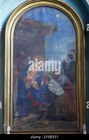 Adoration des Mages, retable sur l'autel des trois Rois dans l'église paroissiale de la Visitation de la Bienheureuse Vierge Marie à Sandrovac, Banque D'Images