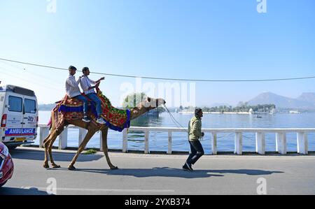 Udaipur, Rajasthan, Inde, 14 décembre 2024 : les touristes montent à dos de chameau près du lac Fateh Sagar par une froide journée d'hiver dans la ville lacustre d'Udaipur. Crédit : Sumit Saraswat / Alamy Live News Banque D'Images