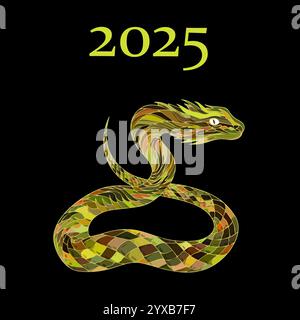 Affiche du nouvel an avec serpent coloré 2025, carte stricte sur fond noir, illustration vectorielle Illustration de Vecteur