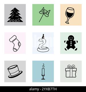 Neuf icônes noires festives sur une illustration vectorielle de fond blanc Illustration de Vecteur