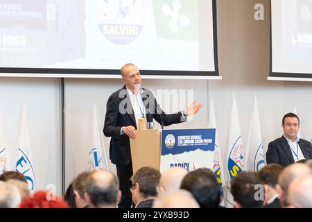 Milan, Italie. 15 décembre 2024. Il nuovo segretario regionale lombardo Massimiliano Romeo al Congresso regionale Lega Lombarda Slvini premier, Milano, 15 dicembre 2024 crédit : LaPresse/Alamy Live News Banque D'Images