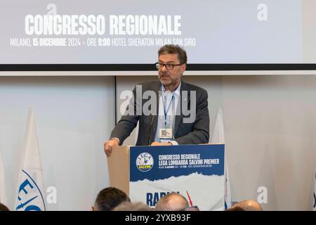 Milan, Italie. 15 décembre 2024. Il ministro dell'economia Giorgetti durante il suo intervento al Congresso regionale Lega Lombarda Slvini premier, 15 dicembre 2024 crédit : LaPresse/Alamy Live News Banque D'Images