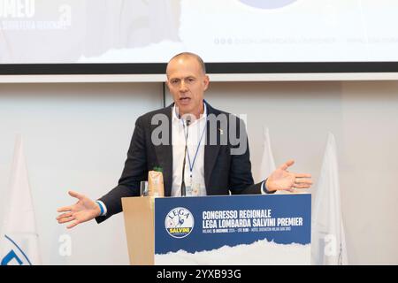 Milan, Italie. 15 décembre 2024. Il nuovo segretario regionale lombardo Massimiliano Romeo al Congresso regionale Lega Lombarda Slvini premier, Milano, 15 dicembre 2024 crédit : LaPresse/Alamy Live News Banque D'Images