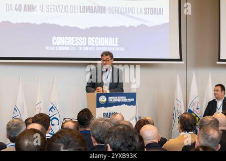 Milan, Italie. 15 décembre 2024. Il ministro dell'economia Giorgetti durante il suo intervento al Congresso regionale Lega Lombarda Slvini premier, 15 dicembre 2024 crédit : LaPresse/Alamy Live News Banque D'Images