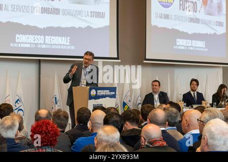 Milan, Italie. 15 décembre 2024. Il ministro dell'economia Giorgetti durante il suo intervento al Congresso regionale Lega Lombarda Slvini premier, 15 dicembre 2024 crédit : LaPresse/Alamy Live News Banque D'Images