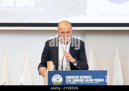 Milan, Italie. 15 décembre 2024. Il nuovo segretario regionale lombardo Massimiliano Romeo al Congresso regionale Lega Lombarda Slvini premier, Milano, 15 dicembre 2024 crédit : LaPresse/Alamy Live News Banque D'Images