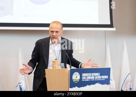 Milan, Italie. 15 décembre 2024. Il nuovo segretario regionale lombardo Massimiliano Romeo al Congresso regionale Lega Lombarda Slvini premier, Milano, 15 dicembre 2024 crédit : LaPresse/Alamy Live News Banque D'Images