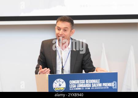 Milan, Italie. 15 décembre 2024. Fabrizio Cecchettii durante il suo intervento al Congresso regionale Lega Lombarda Slvini premier, 15 dicembre 2024 crédit : LaPresse/Alamy Live News Banque D'Images