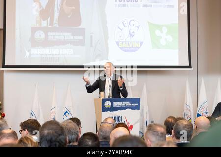 Milan, Italie. 15 décembre 2024. Il nuovo segretario regionale lombardo Massimiliano Romeo al Congresso regionale Lega Lombarda Slvini premier, Milano, 15 dicembre 2024 crédit : LaPresse/Alamy Live News Banque D'Images