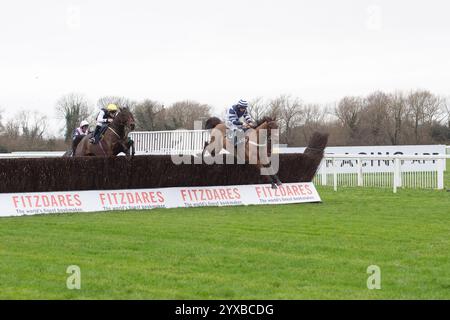 Windsor, Royaume-Uni. 15 décembre 2024. VINCENZO (n°3) monté par le jockey Dylan Johnston remporte le dernier avant de remporter la Fitzdares Royal Windsor novices Limited handicap Steeple Chase Class 3 GBB Race au Jumps Racing Returns Meeting au Royal Windsor Racecourse à Windsor, Berkshire. Propriétaire Walters Plant Hire Ltd Entraîneur Sam Thomas, Cardiff. Crédit : Maureen McLean/Alamy Live News Banque D'Images