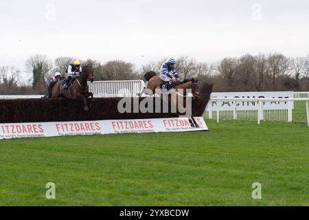 Windsor, Royaume-Uni. 15 décembre 2024. VINCENZO (n°3) monté par le jockey Dylan Johnston remporte le dernier avant de remporter la Fitzdares Royal Windsor novices Limited handicap Steeple Chase Class 3 GBB Race au Jumps Racing Returns Meeting au Royal Windsor Racecourse à Windsor, Berkshire. Propriétaire Walters Plant Hire Ltd Entraîneur Sam Thomas, Cardiff. Crédit : Maureen McLean/Alamy Live News Banque D'Images