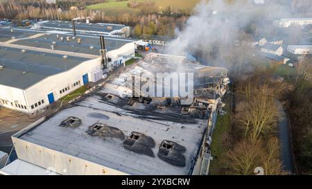 Freiberg - Großbrand BEI Euromünzen-Hersteller Dutzende Feuerwehrleute im Einsatz, Nina-Warnung für Bevökerung 07.12.2024 gegen 3,30 Uhr Tagfotos : 07.12.2024 gegen 9 Uhr Freiberg OT Halsbrücke, Erzstraße Zu einem Großeinsatz der Feuerwehr im Landkreis Mittelsachsen kam es in der Nacht zu Samstag unweit von Freiberg. Nach ersten Angaben der Feuerwehr wurden die Einsatzkräfte gegen 3,30 Uhr zu einem Brand in die Saxonia EuroCoin GmbH im Ortsteil Halsbrücke alarmiert. VOR Ort bestätigte sich die Lage und zusätzlich GAB es Hinweise auf Gefahrstoffe. Dutzende Einsatzkräfte aus dem gesamten Altkreis Banque D'Images