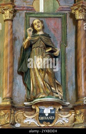 Saint Jean l'évangéliste, statue sur la chaire de l'église Sainte Anne à Osekovo, Croatie Banque D'Images