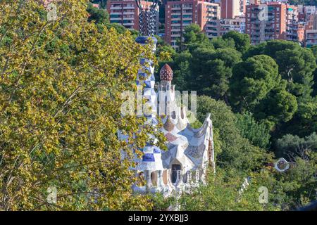 Parc Guell avec des œuvres d'architecture et de design d'Antoni Gaudì à Barcelone, ​​Spain Banque D'Images