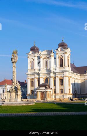 La cathédrale catholique romaine de George à Timisoara, Roumanie, avec le Monument de la Sainte Trinité au premier plan, baignée de soleil sous un s bleu clair Banque D'Images