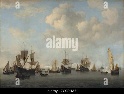 Titre : la flotte néerlandaise sur les routes de Goeree artiste : Willem van de Velde II année : CA. 1672 - 1673 médium : huile sur toile dimensions : 69,5 x 97,8 cm emplacement : Museo Nacional Thyssen-Bornemisza, Madrid Banque D'Images