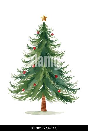 Arbre de Noël avec étoile sur le dessus et boules rouges Illustration de Vecteur