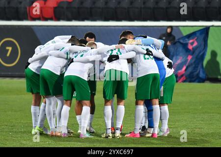 Kryvyi Rih, UKRAINE - 14 décembre : les joueurs du FC Karpaty se blottissent avant le match de premier League ukrainienne entre le FC Kryvbas Kryvyi Rih et le FC Karpaty Lviv le 14 décembre 2024 à Kryvyi Rih, en Ukraine. Banque D'Images