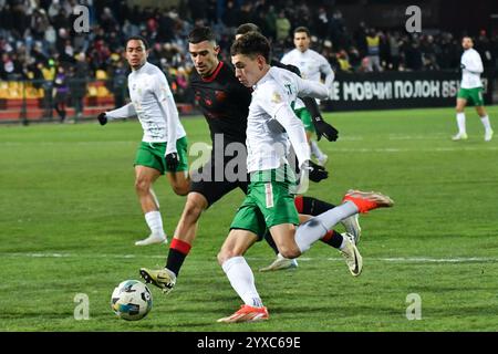 Kryvyi Rih, UKRAINE - 14 décembre : Stenio du FC Karpaty vs Hrvoje Ilic de Kryvbas lors du match de premier League ukrainien entre le FC Kryvbas Kryvyi Rih et le FC Karpaty Lviv le 14 décembre 2024 à Kryvyi Rih, Ukraine. Banque D'Images