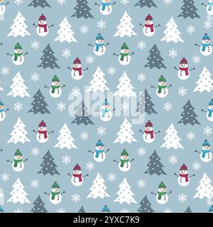Motif sans couture d'hiver avec blanc, bonhomme de neige avec écharpe et casquette colorées, arbres de noël et flocons de neige. Elément graphique pour papier d'emballage Illustration de Vecteur