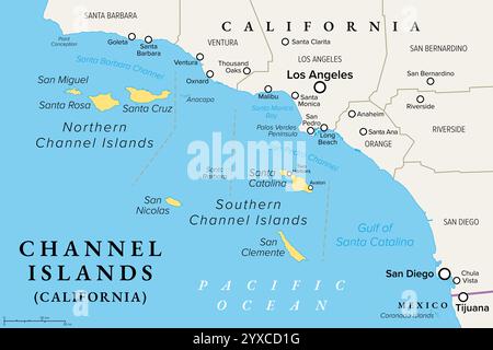 Îles Anglo-Normandes de Californie, carte politique. Archipel de huit îles dans le Pacifique, au sud-ouest de la région métropolitaine de Los Angeles. Banque D'Images