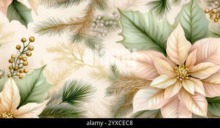 Motif floral festif avec des fleurs de poinsettia crème avec des feuilles vertes et des baies, idéal pour les motifs sur le thème de Noël et la décoration des fêtes. Banque D'Images