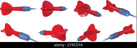 Jeu de fléchettes jetant des flèches. Fléchette volante 3D réaliste avec ailes aérodynamiques et pointes d'aiguille pointues, objets jouet flèche brillante angles différents Illustration de Vecteur