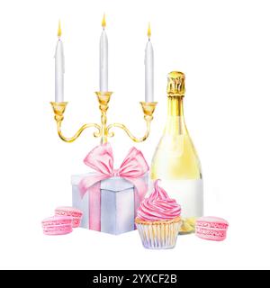 Illustration aquarelle de candélabre d'or avec trois bougies blanches allumées, bouteille de champagne, cupcake rose, macarons pastel et boîte cadeau attachée avec Banque D'Images