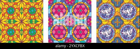 Motif sans couture pour vitrail. Motifs géométriques et floraux vibrants en mosaïque inspirés du verre de cathédrale et d'église Verre décoratif Illustration de Vecteur