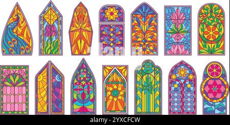 Vitraux. Mosaïques en verre d'art colorées avec motifs floraux ornementaux, fenêtre médiévale de l'église et architecture décorative de la cathédrale Illustration de Vecteur