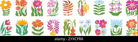 Fleurs rectangulaires abstraites. Motifs décoratifs de fleurs de fleurs et de plantes florales, arrangements floraux avec feuilles. Vecteur texturé botanique dessiné à la main Illustration de Vecteur