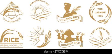 Emblèmes de riz au jasmin thaïlandais. Badges élégants avec panicule de riz, rizière et agriculteur avec silhouettes de chapeaux coniques asiatiques. Produit agricole et Illustration de Vecteur